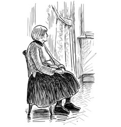 Sketch Tired Senior Woman Sitting On Chair