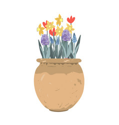 Vintage Clay Pot With Spring Flowers Tulips