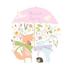 Cute Animals Under Big Umbrella Meeting Spring