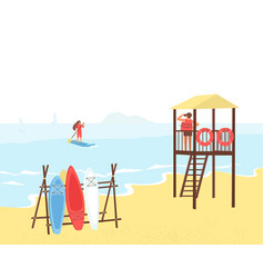 A Lifeguard On Tower By The Sea Watches Girl