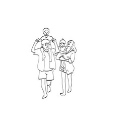 Line Art Happy Young Family Walking On Beach