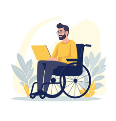 A Man In Wheelchair Is Working On Laptop