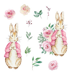 Watercolor Cute Rabbit With Flowers