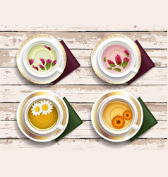 Set Cups Herbal Tea Wooden Background