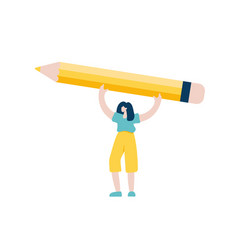 Tiny Woman Holding Big Yellow Pencil Over Her Head