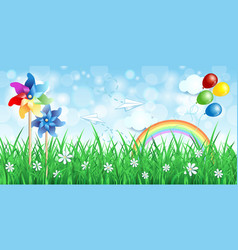 Spring Background With Pinwheels And Rainbow