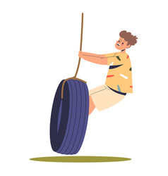 Cute Boy Kid Riding Tire Swing Happy Little Child