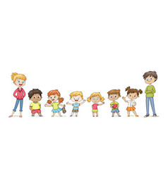 Cute Children Standing In A Row And Wave Funny