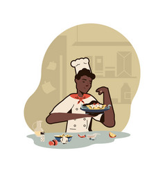 African Chef Holding Plate With Cake And Adding