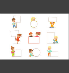 Cute Kids Holding White Blank Boards In Different Vector Cute Kids Holding White Blank Boards In Different Vector