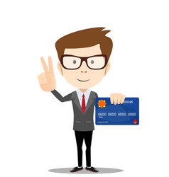 Man Holding Plastic Credit Card And Shows A Sign