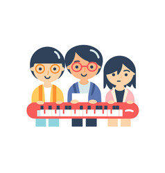 Three Children Play A Piano Together In Colorful