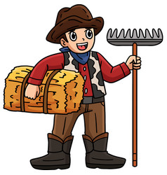 Cowboy With Rake And Hay Cartoon Colored Clipart