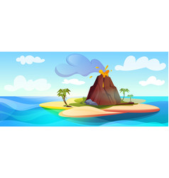 Cartoon Volcano Eruption On Island With Hot Lava