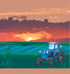 Blue Tractor In Field At Sunset