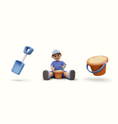 Boy Is Playing In Sand 3d Shovel Bucket