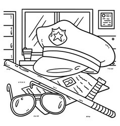 Police Hat And Baton Coloring Page For Kids