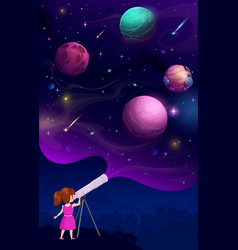 Girl Kid Looking Through A Telescope At Night Sky