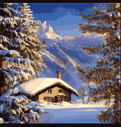 Winter Mountain Landscape With Wooden House