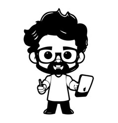 Funny Cartoon Hipster Man Holding Smart Phone