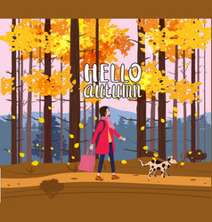 Hello Autumn Young Woman Walking Dog