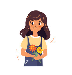 A Smiling Girl Holds Bouquet Of Flowers