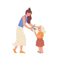 Girl Child Giving Flowers Bouquet To Loving Mother