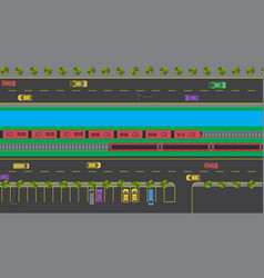 Top View Of Street Car Vehicle And Railroad Train