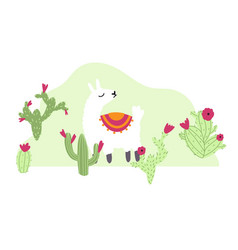 Cute Lama With Cactus In Cartoon Hand Drawn