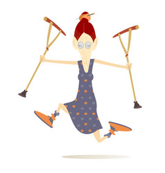 Happy Running Old Woman With Crutches In Both Hand