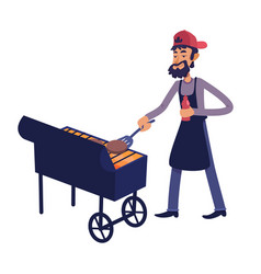 Chef Grilling Meat Flat Cartoon Man Cooking Food