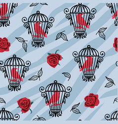 Red Birds In Cage Flowers Seamless Pattern