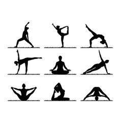 Female Yoga Poses On Grass Field Silhouette Set