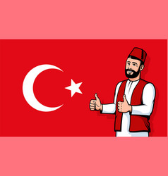 Turkish Man In Fez Smiling On Turkey Flag