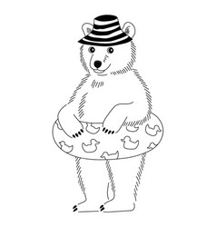 Funny Cute Little Bear In Panama Hat And Swimming