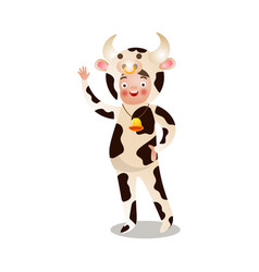 Cute Smiling Happy Girl In Milk Cow Costume