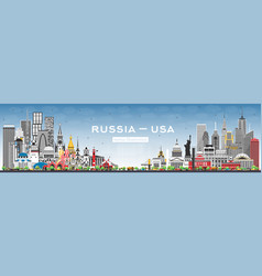 Russia And Usa Skyline With Gray Buildings