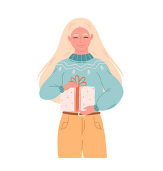 Woman In Sweater With Christmas Gift Merry