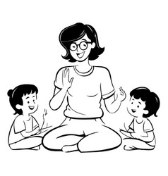 Mother And Her Children Sitting In Lotus Position