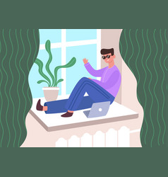 Man Laptop On Windowsill Guy Smile Sunglasses