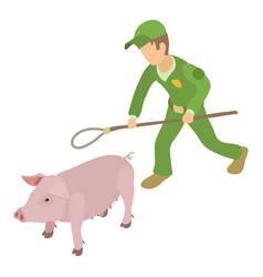 Pig Catching Icon Isometric Man With Noose