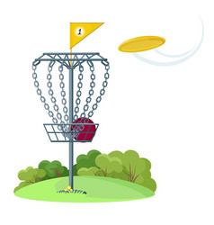 Disc Golf Basket With Yellow Flying Frisbee Disk