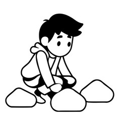 Sad Boy Sitting On A Pile Of Stones In Cartoon