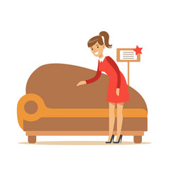 Woman Buying Classy Brown Sofa Smiling Shopper