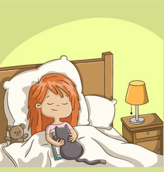 Girl And Cat In Bed