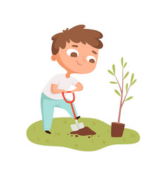 Boy Planting Tree Toddler Digging Hole Cartoon