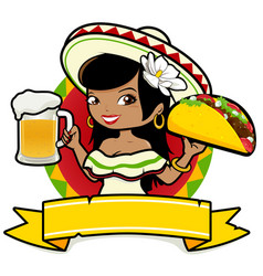 Mexican Woman With Beer And Taco