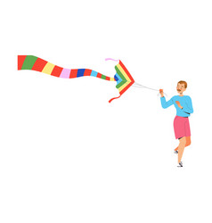 Happy Mustached Man Flying Kite Enjoying