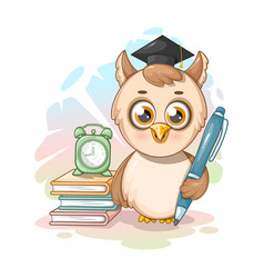 Cute Cartoon Owl With A Pen Books And Alarm Clock