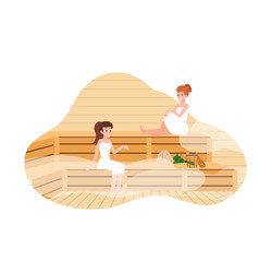 Happy Women In Towels Sitting On Wooden Benches